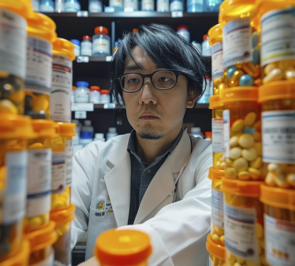 Close-up shot of a male pharmacist from Japan preparing customized compounding medications in a niche pharmacy. The scene focuses on the precise work involved in medication preparation. Realistic and cinematic. Award-winning photography. Advertising photography. Commercial photography. --chaos 13 --ar 3:2 --style raw --stylize 300 Job ID: b28499cb-1721-4e01-942d-9f0da40a7943